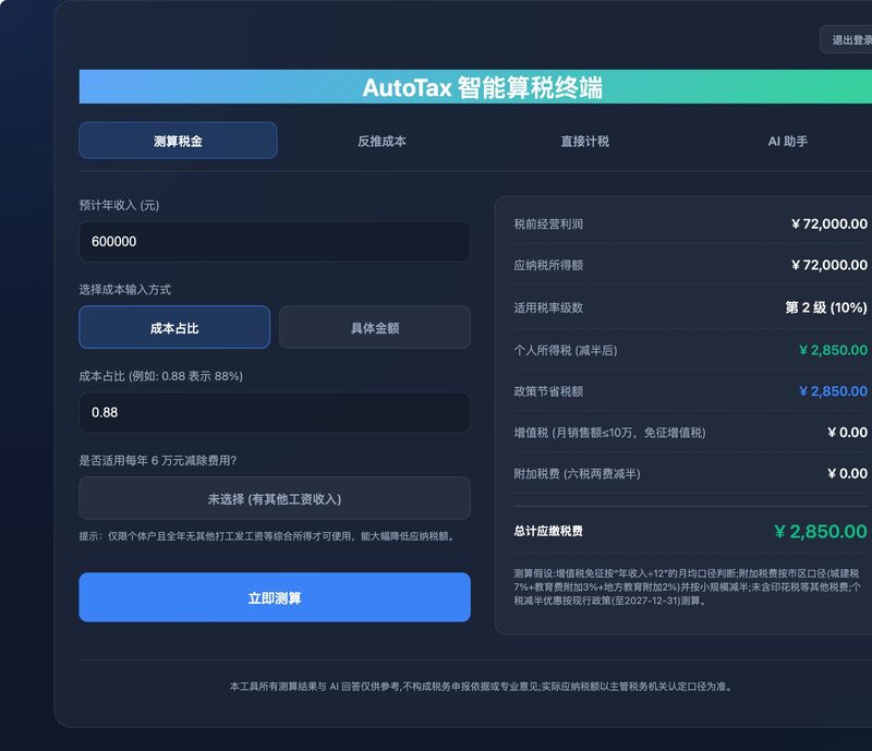 AutoTax forward tax calculation with results panel